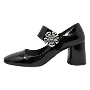 Prada Mary Jane Pumps Black Patent Leather 38.5 Silver Buckle‎ Heels